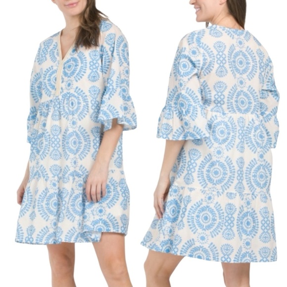 GIORGIA GIANNINI Santorini Mini Dress Bell Sleeves Embellished V-Neck Tiered Sm - Picture 1 of 12
